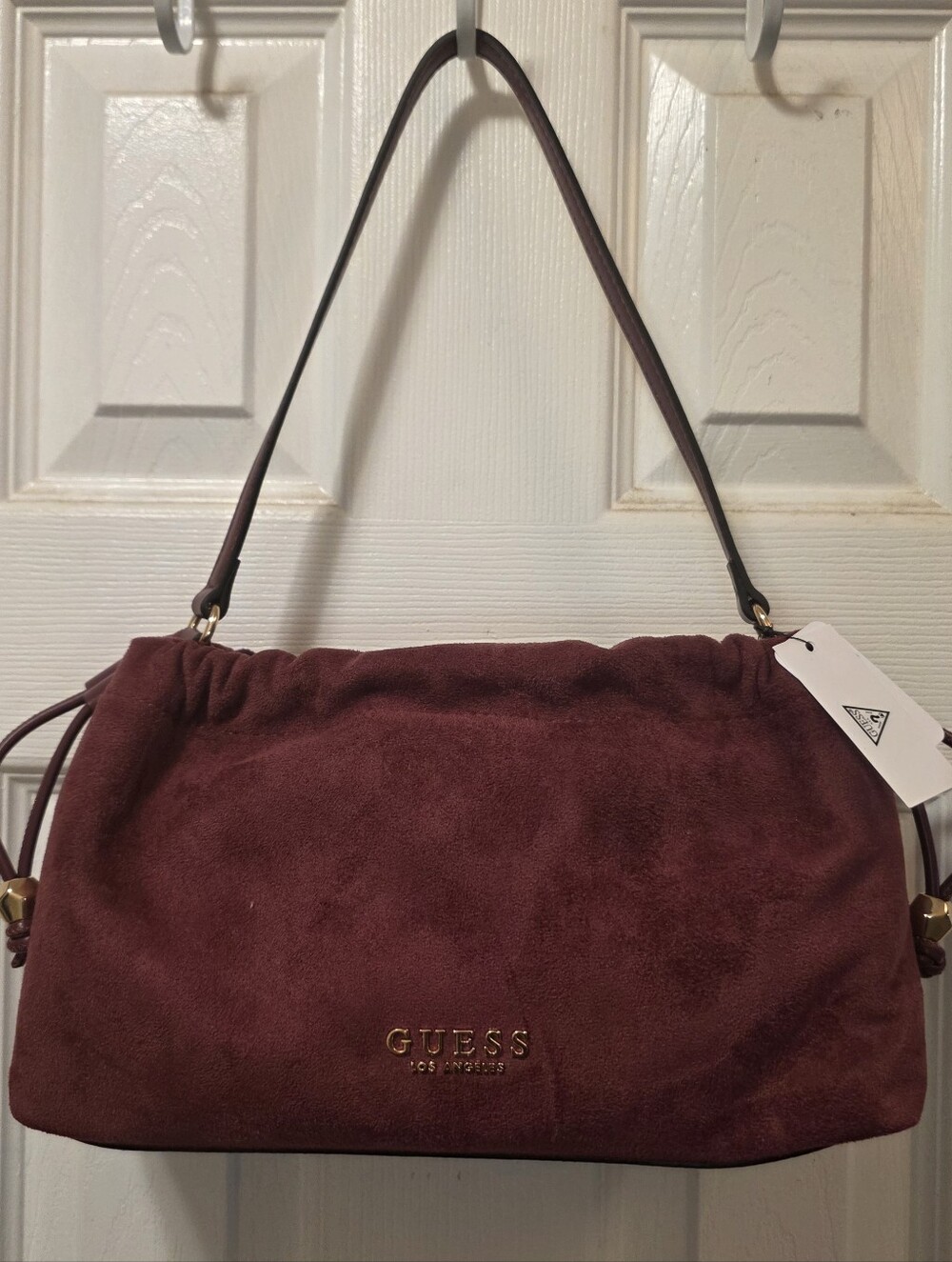 Guess Burgundy Suede Shoulder Bag with Gold Logo